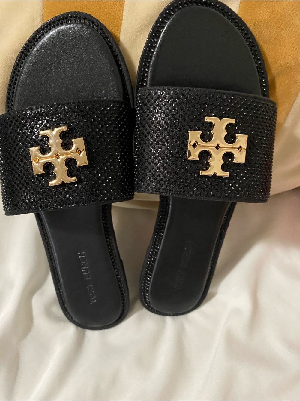 Tory Burch Black Crystal-Embellished Gold Logo Slide Sandals